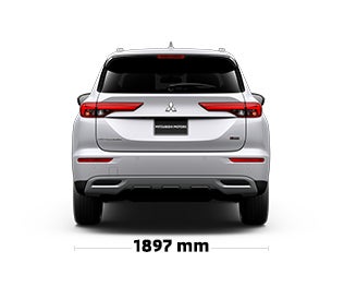 The back of a 2024 Mitsubishi Outlander, with specs and dimensions.