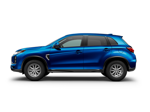  A side profile view of a blue 2022 Mitsubishi RVR against a white background. 