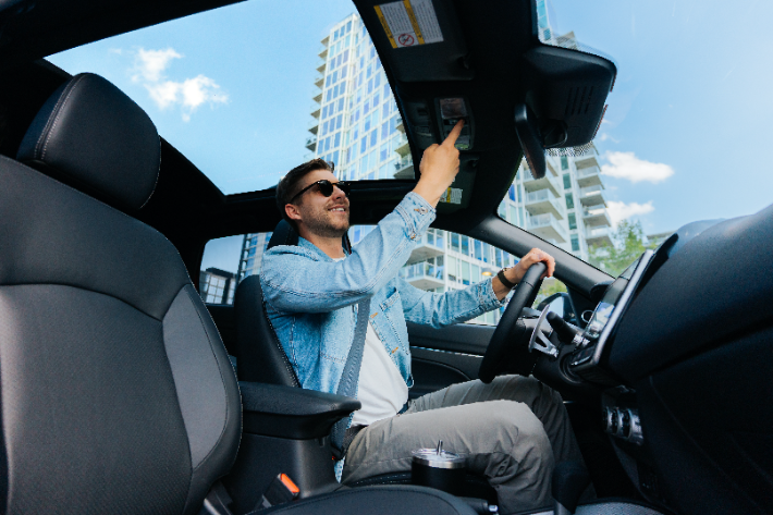 The panoramic fixed glass sunroof as viewed from the front passenger footwell