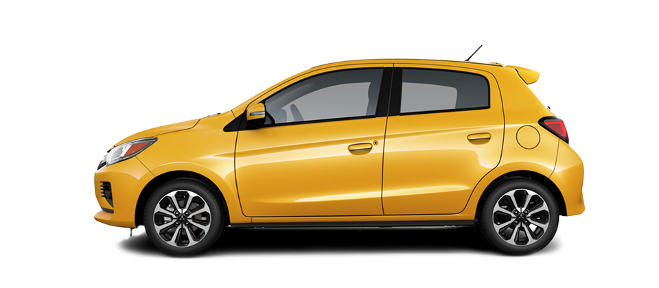 A yellow 2023 Mitsubishi Mirage hatchback