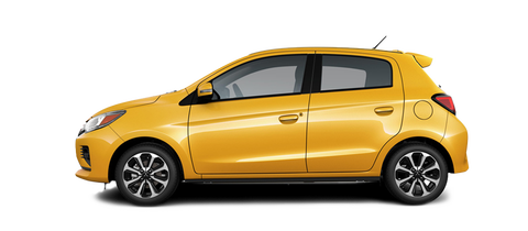 A yellow 2022 Mitsubishi Mirage hatchback