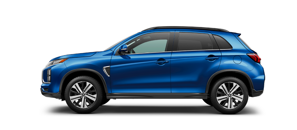  A side profile view of a blue 2022 Mitsubishi RVR against a white background. 