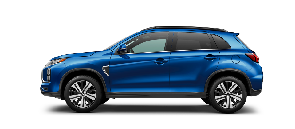  A side profile view of a blue 2023 Mitsubishi RVR against a white background. 