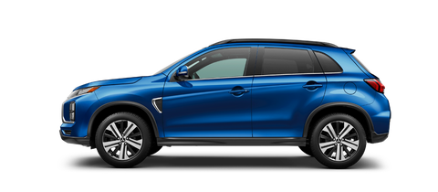  A side profile view of a blue 2023 Mitsubishi RVR against a white background. 