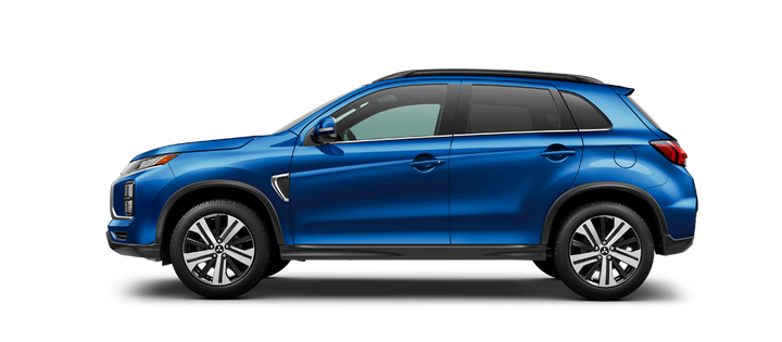  A side profile view of a blue 2023 Mitsubishi RVR against a white background. 