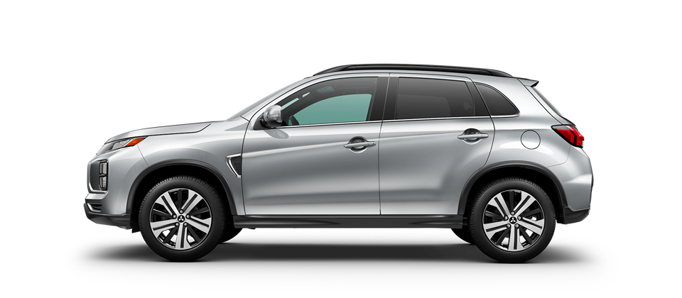  A side profile view of a silver 2025 Mitsubishi RVR against a white background. 