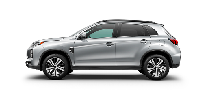  A side profile view of a silver 2025 Mitsubishi RVR against a white background. 