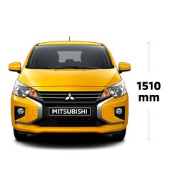 Vue de face d’un Mitsubishi Mirage 2024, illustrant les spécifications et les dimensions.