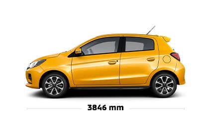 Vue latérale d’un Mitsubishi Mirage 2024, illustrant les spécifications et les dimensions.