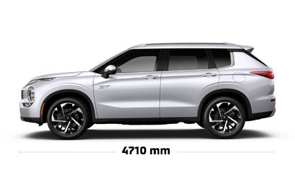A side view of a 2023 Outlander PHEV with specs and dimensions.
