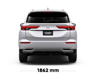 The back of a 2023 Outlander PHEV with specs and dimensions.