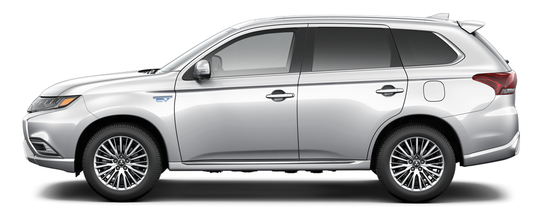 Profil latéral d’un VUS Outlander PHEV 2022 couleur argent de Mitsubishi Motors.
