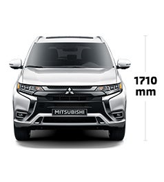 The front of a 2022 Outlander PHEV with specs and dimensions.