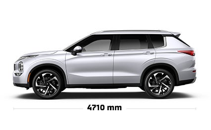 A side view of a 2023 Mitsubishi Outlander, with specs and dimensions.