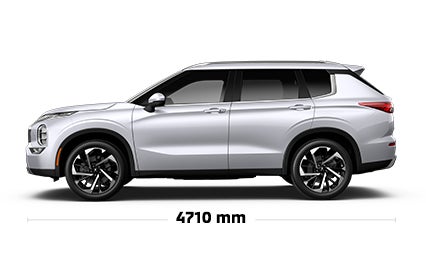 Vue latérale d’un Mitsubishi Outlander 2024, illustrant les spécifications et les dimensions.