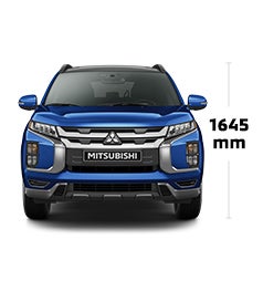 Vue de face d’un Mitsubishi RVR 2024 couleur bleu, illustrant les spécifications et les dimensions.