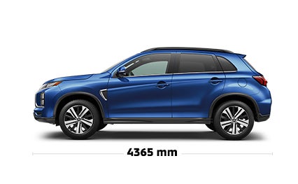 Vue latérale d’un Mitsubishi RVR 2024 couleur bleu, illustrant les spécifications et les dimensions.